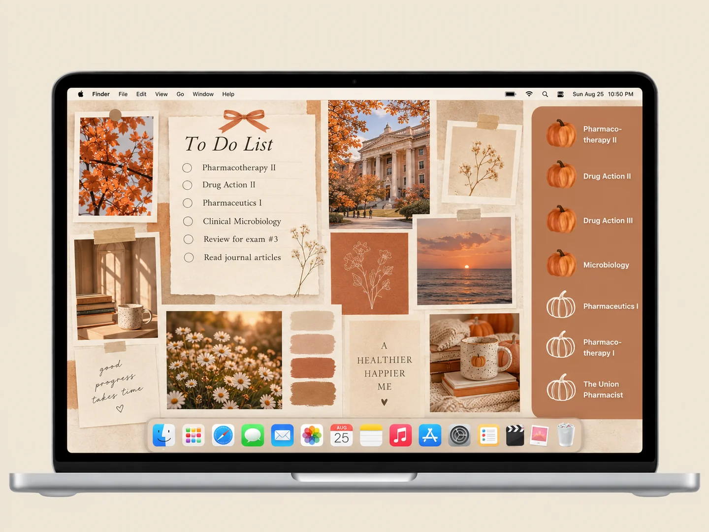 AI concept: autumn pumpkin study desktop with coordinated wallpaper and folder icons on a front-facing silver laptop.