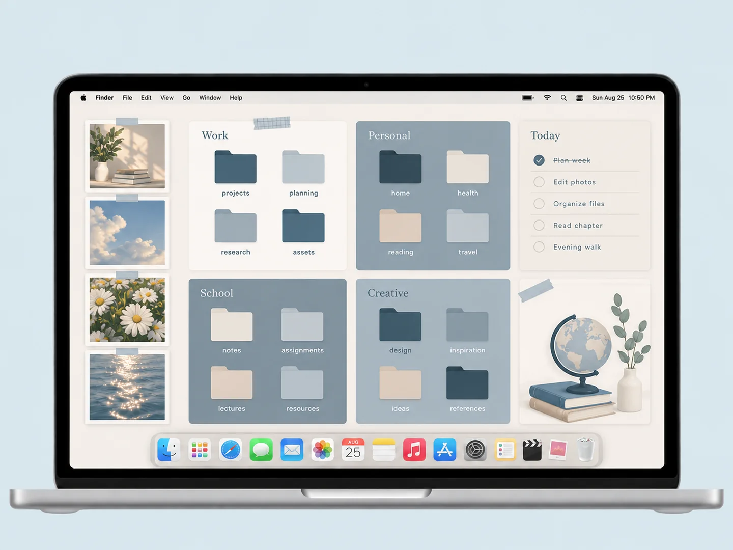 AI concept: blue study planner desktop with coordinated wallpaper and folder icons on a front-facing silver laptop.
