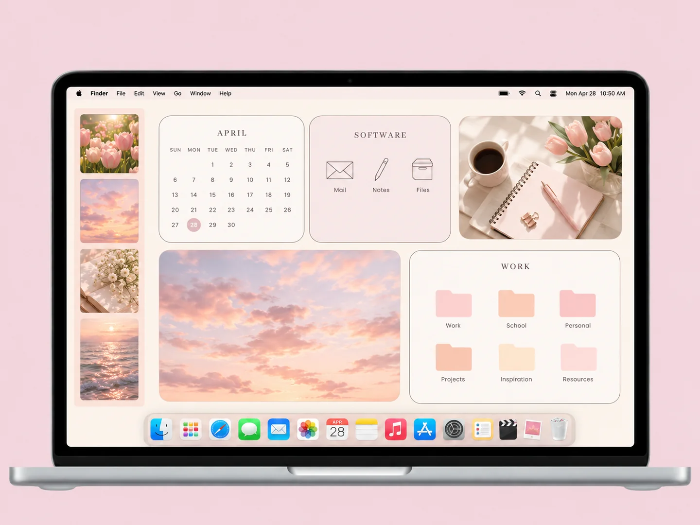 AI concept: blush study organizer with coordinated wallpaper and folder icons on a front-facing silver laptop.