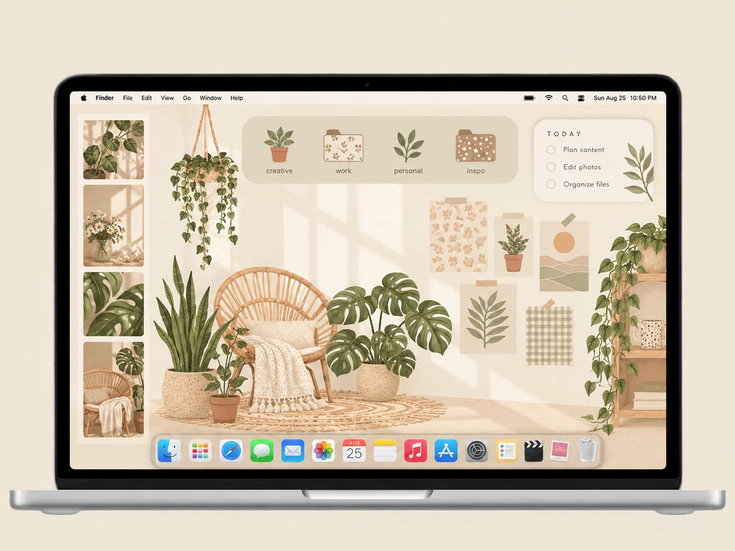 AI concept: boho plant organizer with coordinated wallpaper and folder icons on a front-facing silver laptop.