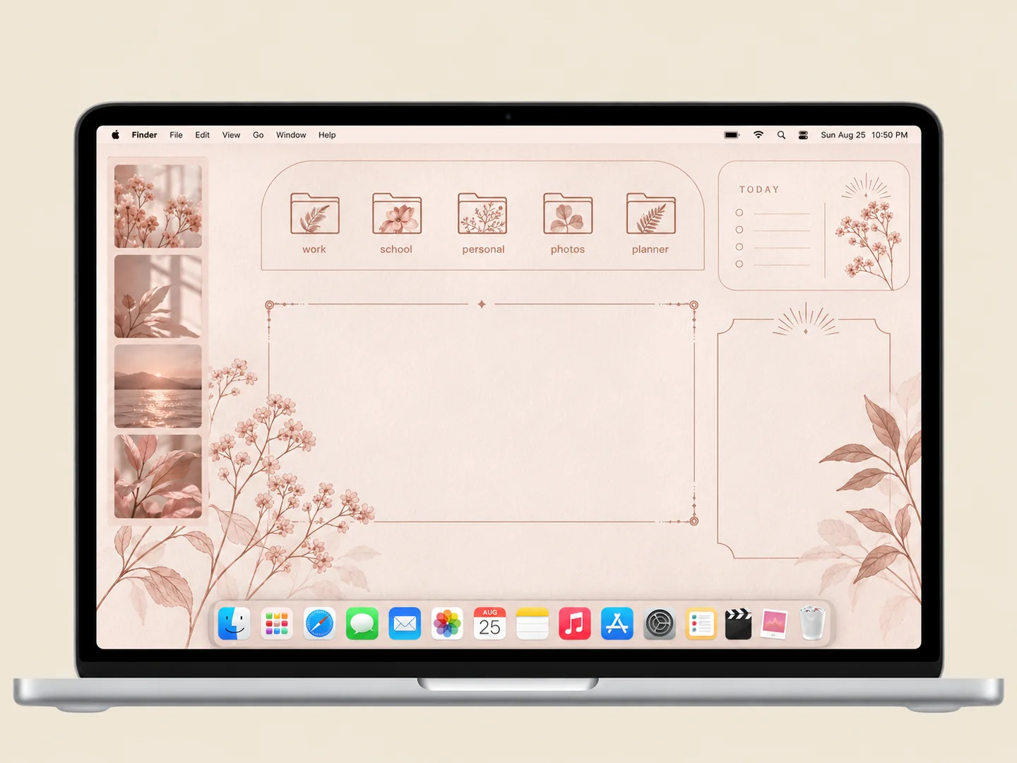 AI concept: botanical planner desktop with coordinated wallpaper and folder icons on a front-facing silver laptop.