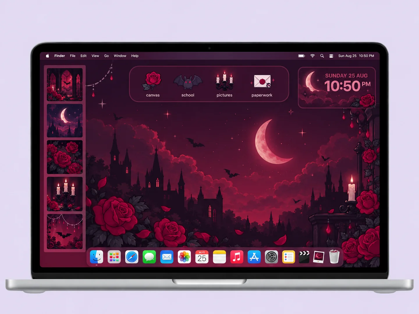 AI concept: burgundy gothic organizer with coordinated wallpaper and folder icons on a front-facing silver laptop.