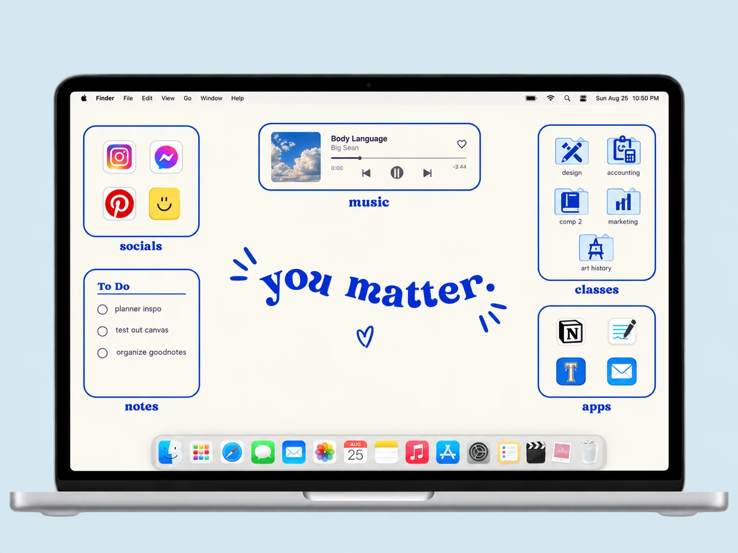 AI concept: cobalt study organizer with coordinated wallpaper and folder icons on a front-facing silver laptop.