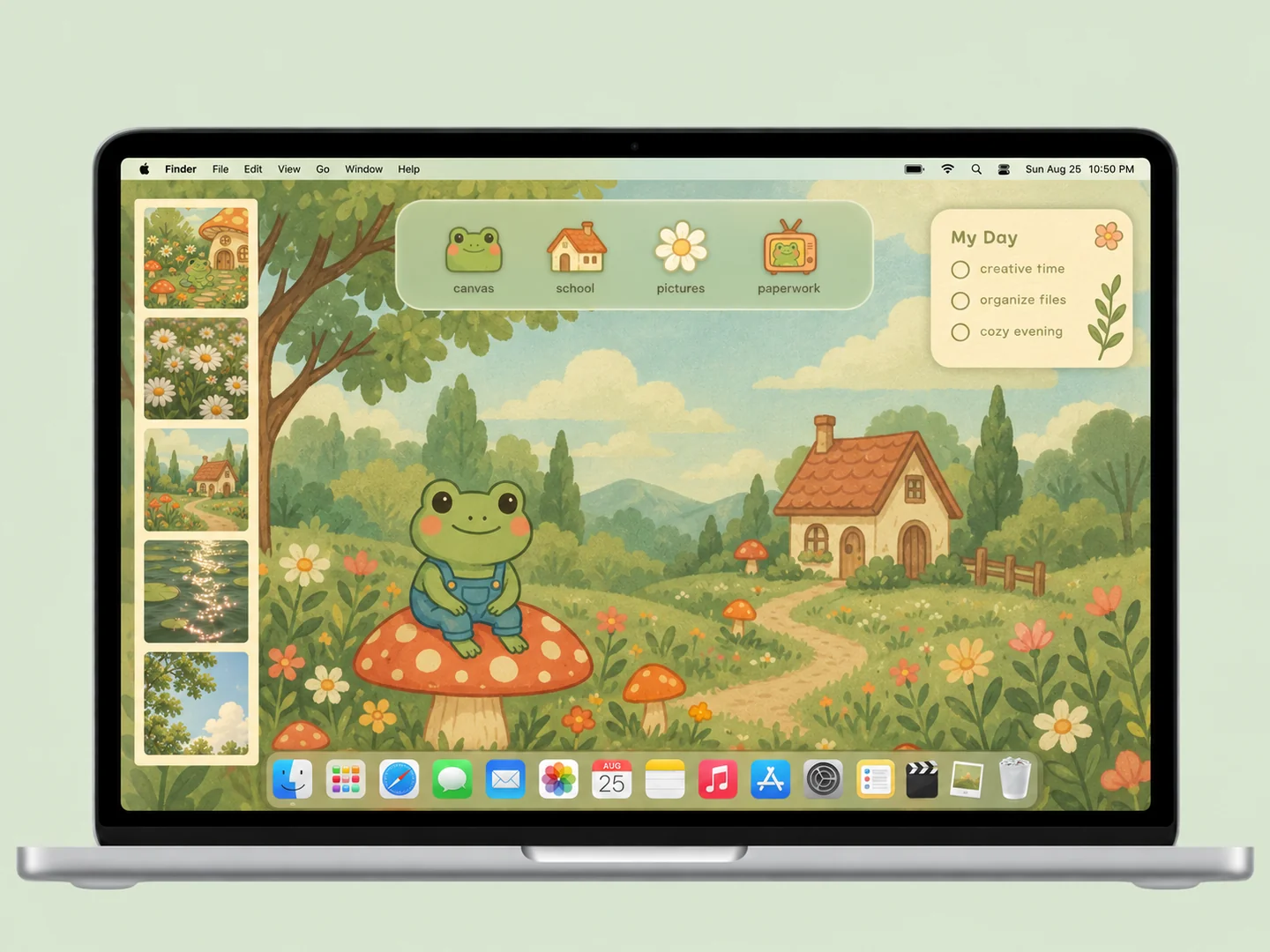 AI concept: cottagecore frog desktop with coordinated wallpaper and folder icons on a front-facing silver laptop.