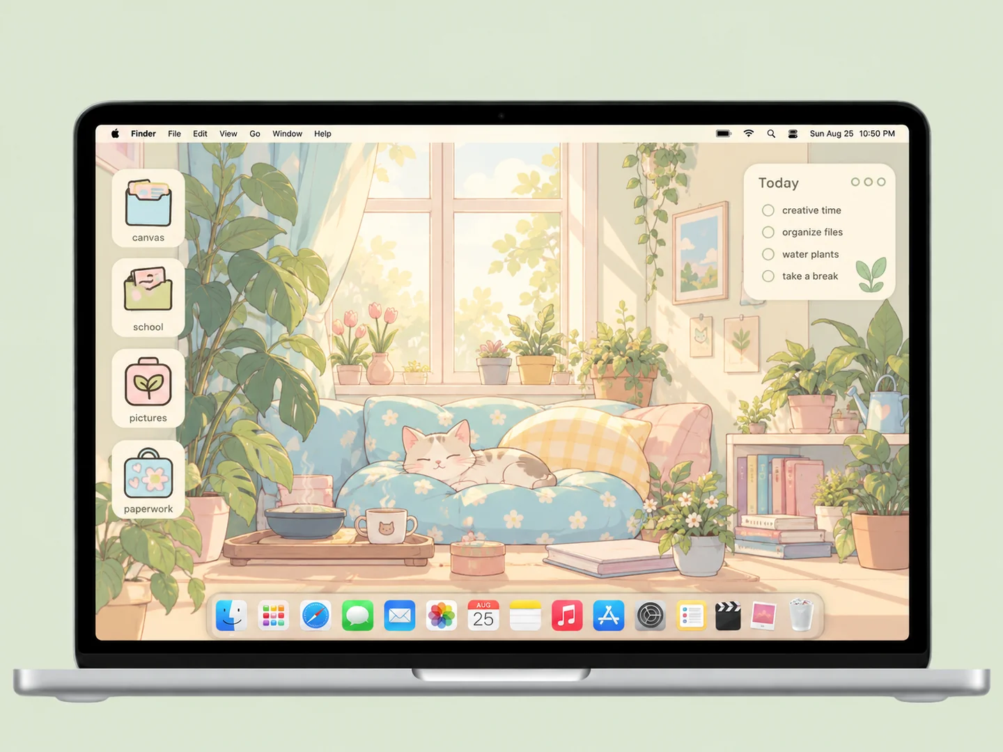 AI concept: cozy cats & plants desktop with coordinated wallpaper and folder icons on a front-facing silver laptop.