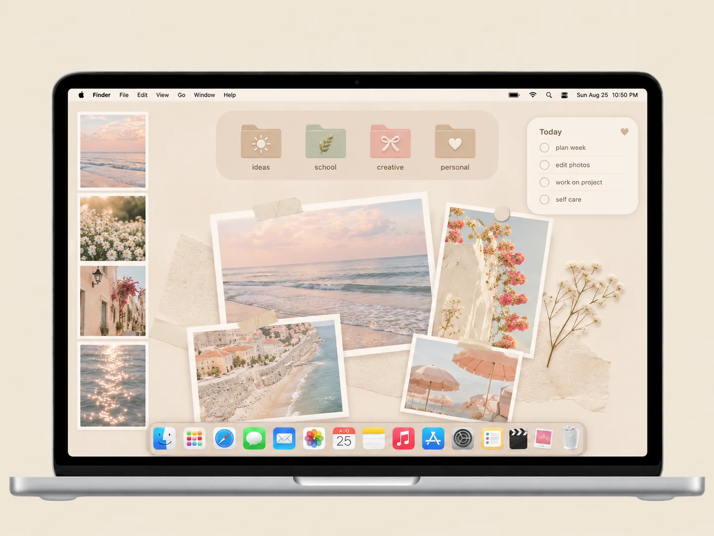 AI concept: cream collage & matching folders with coordinated wallpaper and folder icons on a front-facing silver laptop.