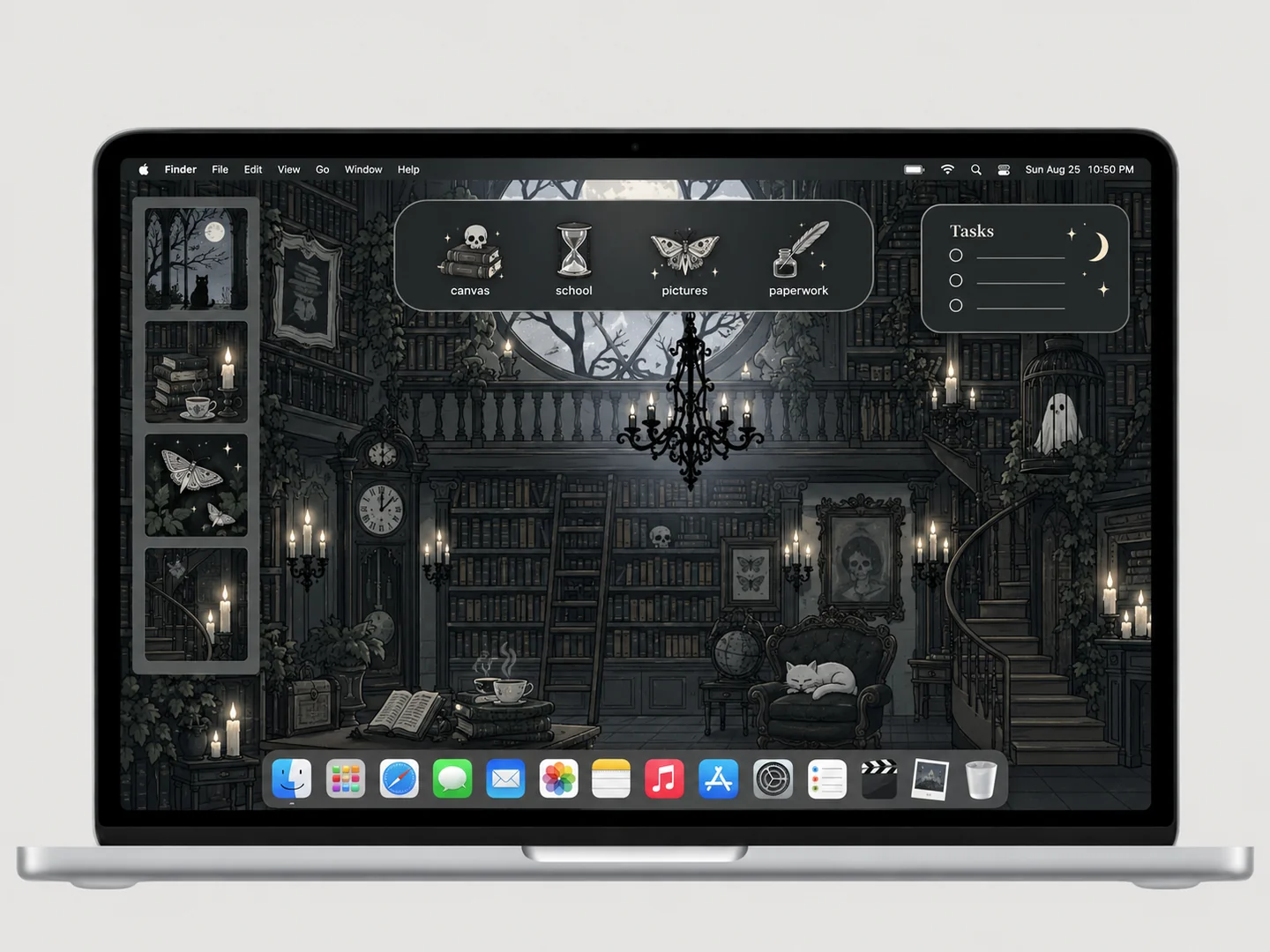 AI concept: gothic library desktop with coordinated wallpaper and folder icons on a front-facing silver laptop.