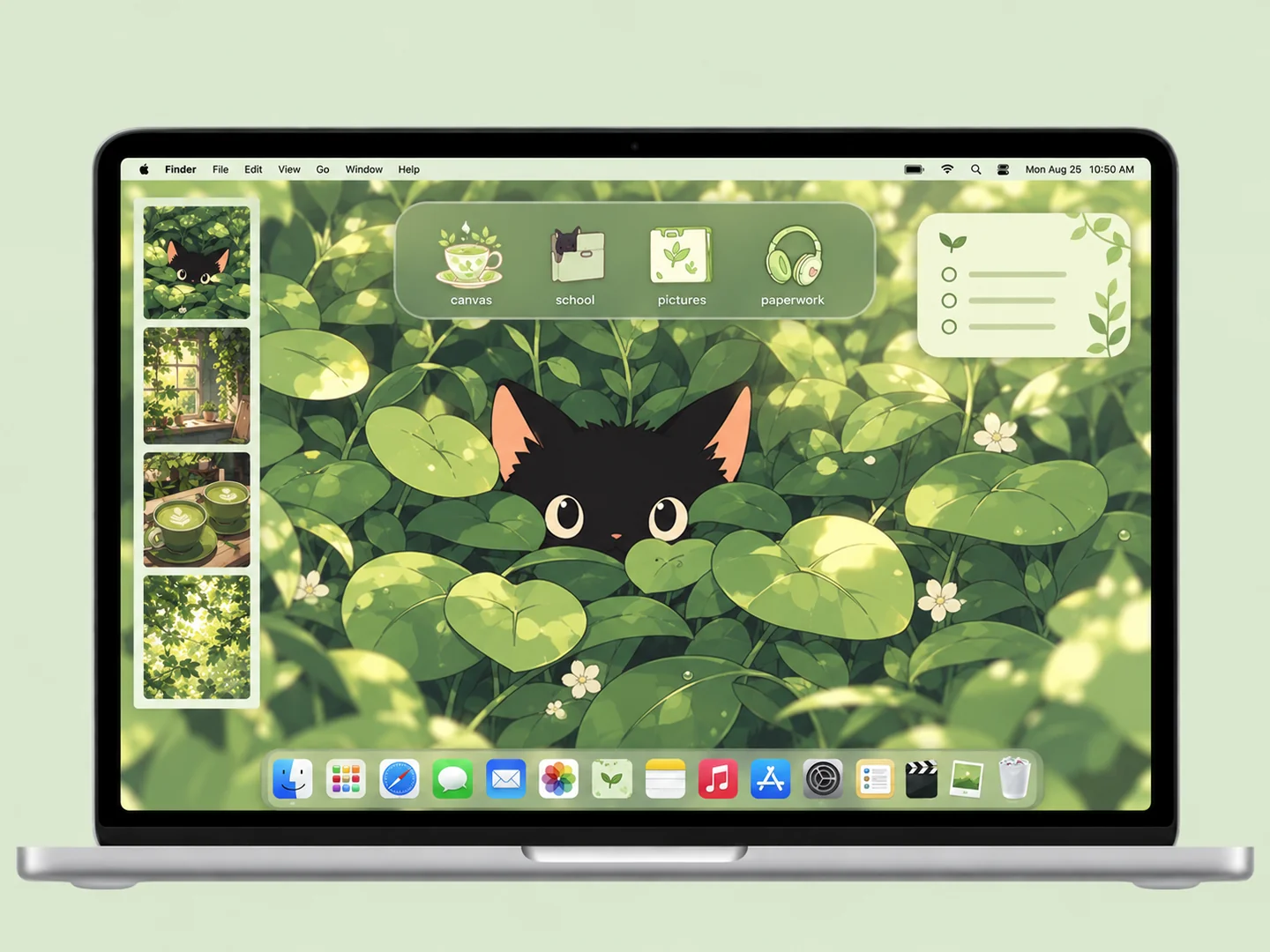 AI concept: matcha cat desktop with coordinated wallpaper and folder icons on a front-facing silver laptop.