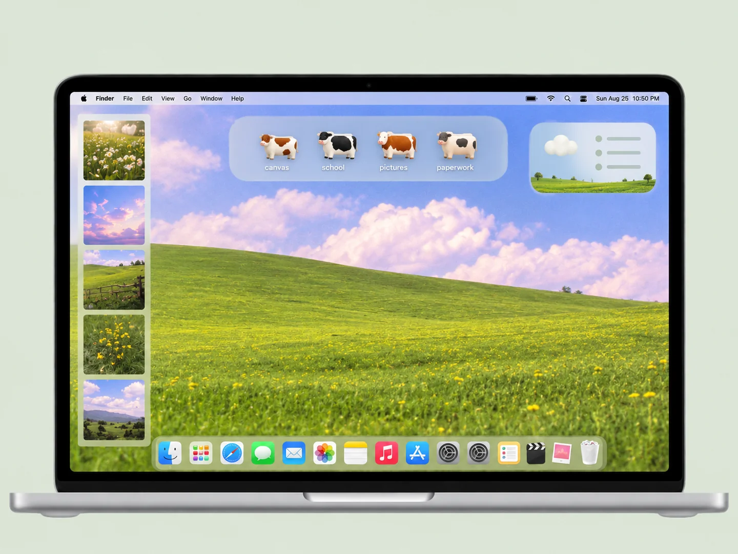 AI concept: meadow desktop & cow folders with coordinated wallpaper and folder icons on a front-facing silver laptop.