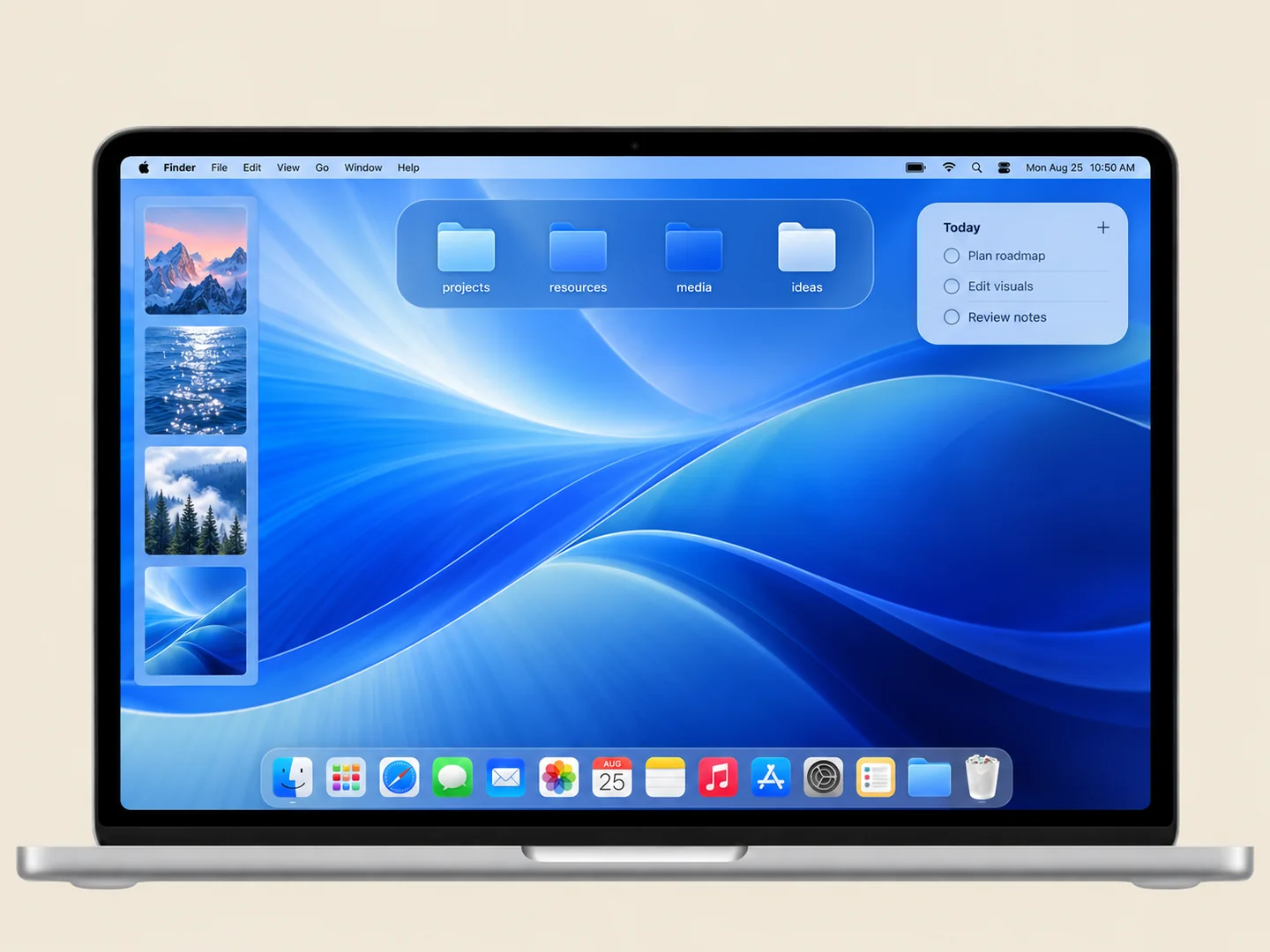 AI concept: native macos folder colors with coordinated wallpaper and folder icons on a front-facing silver laptop.