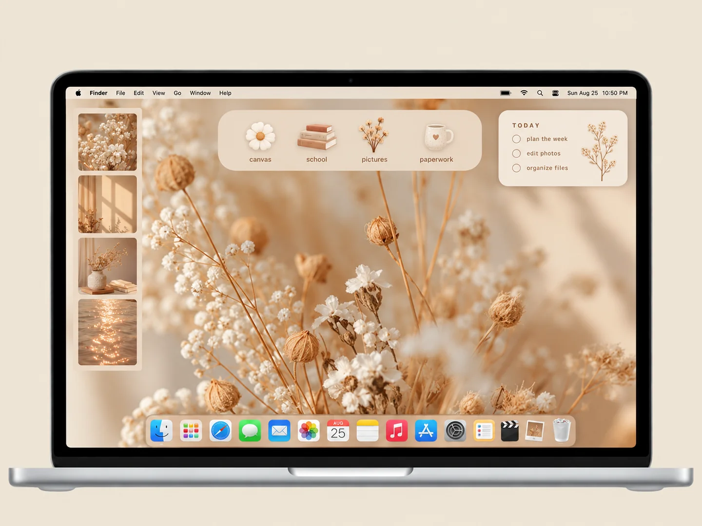 AI concept: neutral botanical desktop with coordinated wallpaper and folder icons on a front-facing silver laptop.