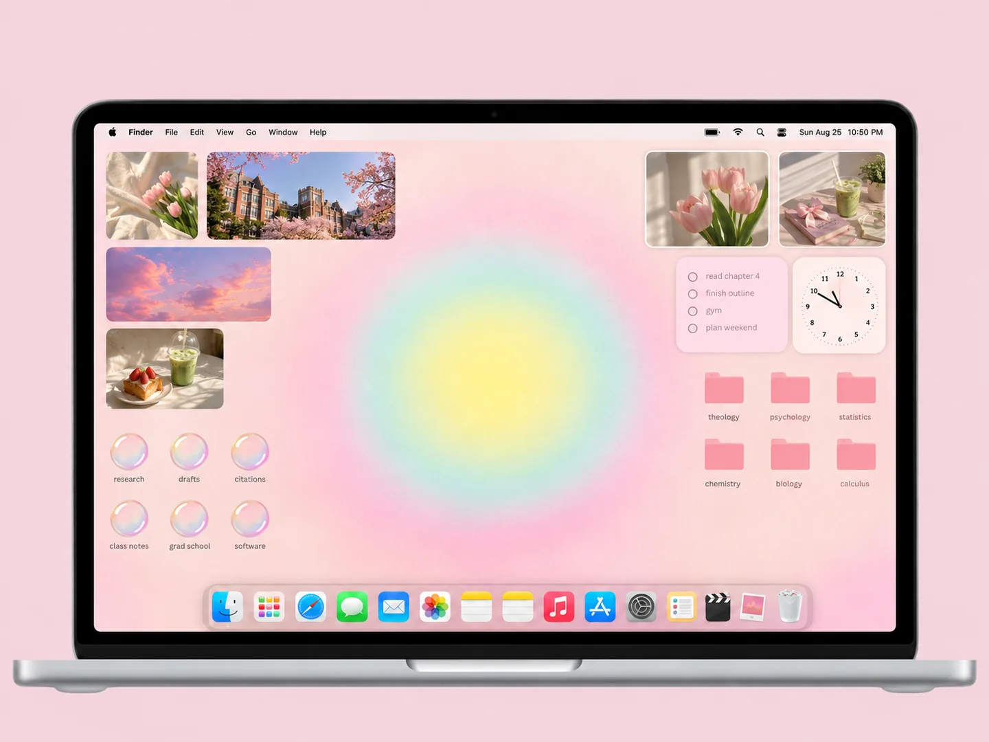 AI concept: pastel aura study desktop with coordinated wallpaper and folder icons on a front-facing silver laptop.