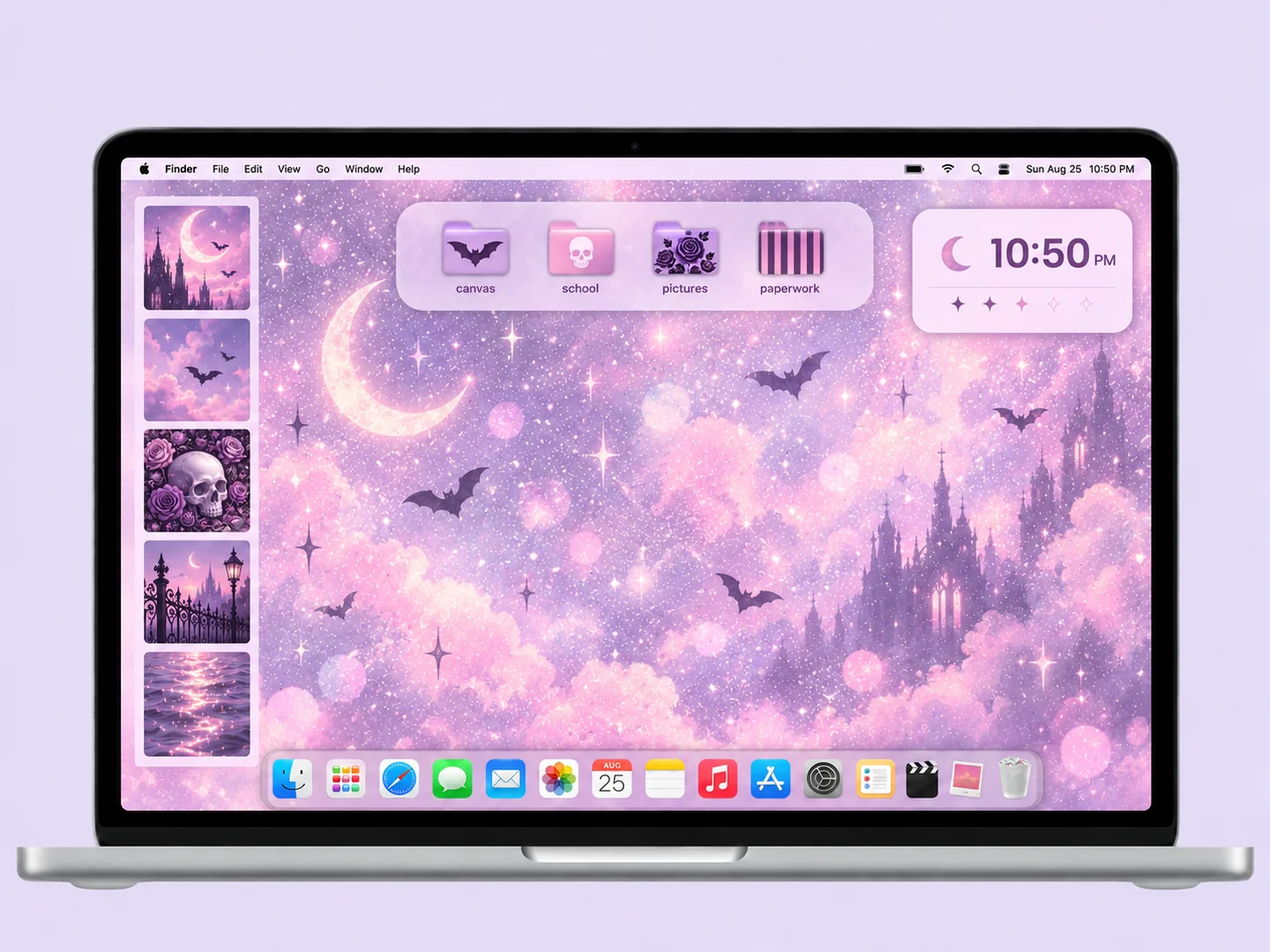 AI concept: pastel goth desktop with coordinated wallpaper and folder icons on a front-facing silver laptop.