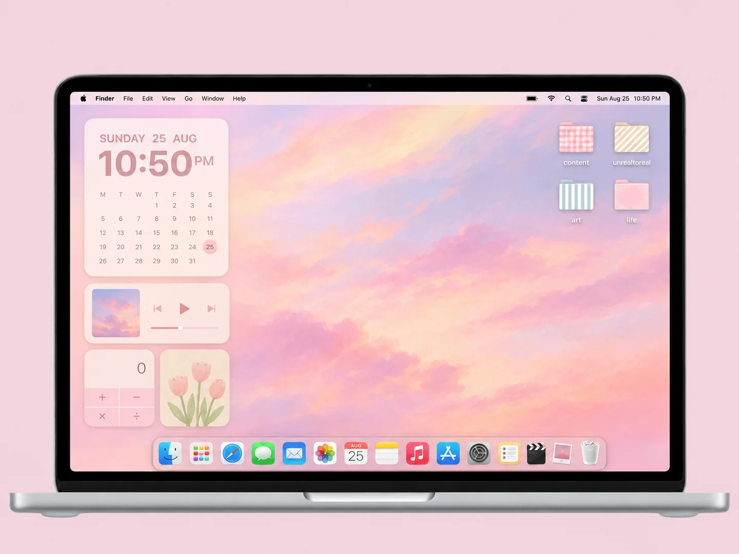 AI concept: pastel sky & patterned folders with coordinated wallpaper and folder icons on a front-facing silver laptop.