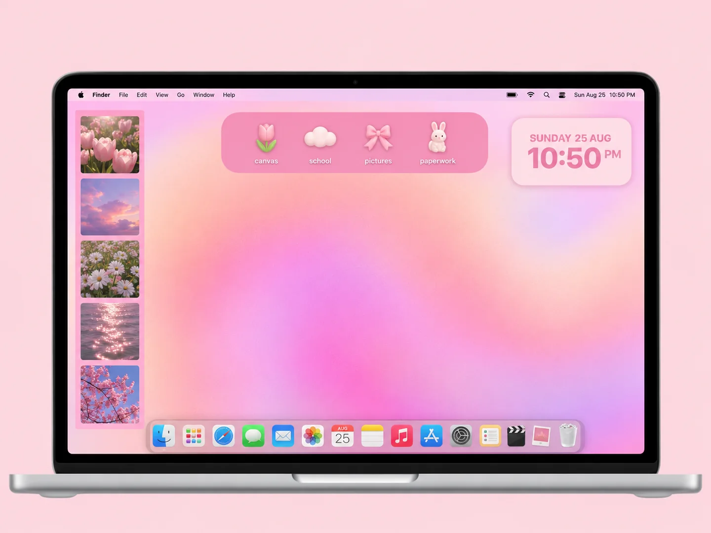 AI concept: pink aura & playful folder icons with coordinated wallpaper and folder icons on a front-facing silver laptop.