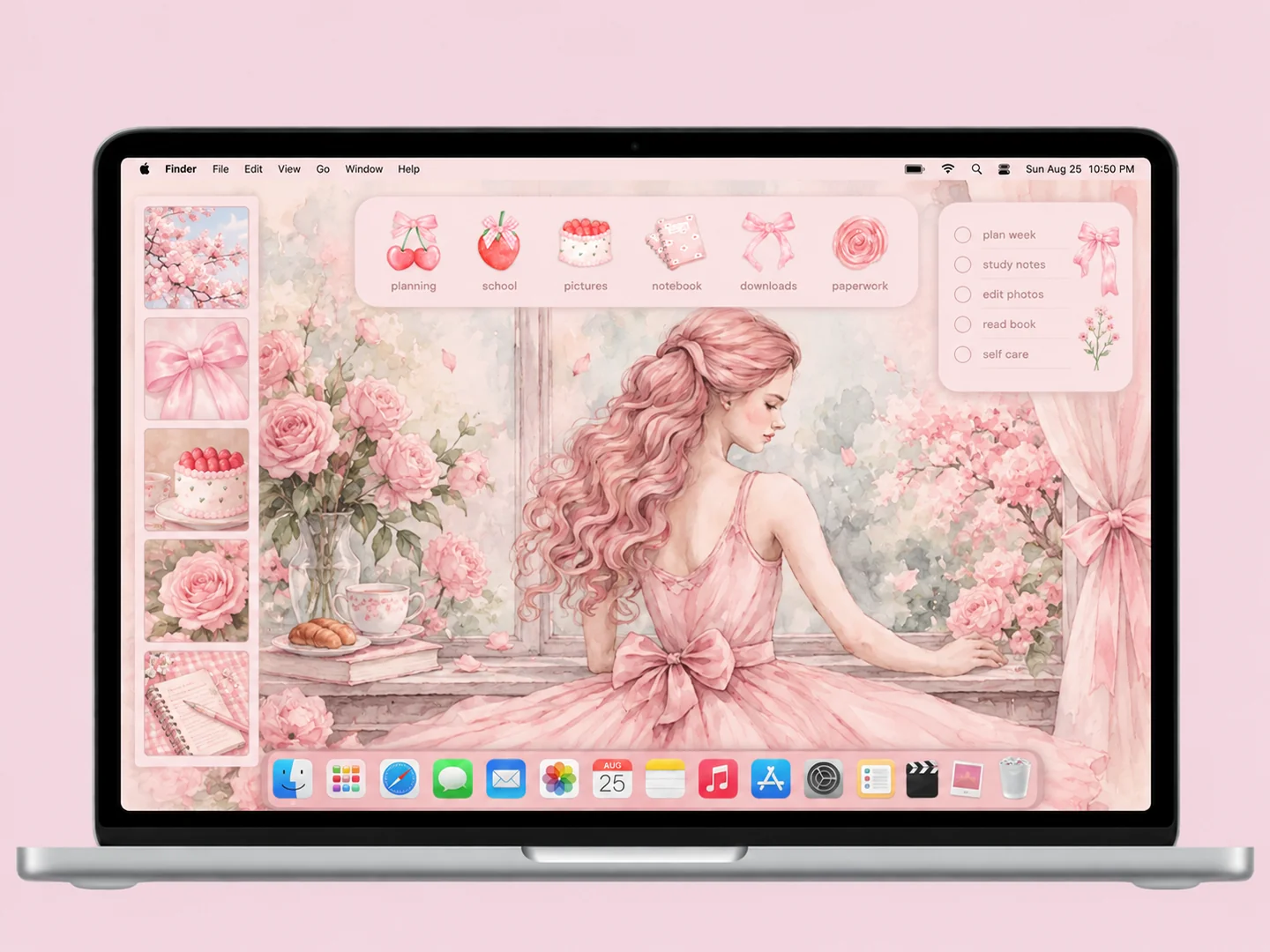 AI concept: pink coquette desktop with coordinated wallpaper and folder icons on a front-facing silver laptop.