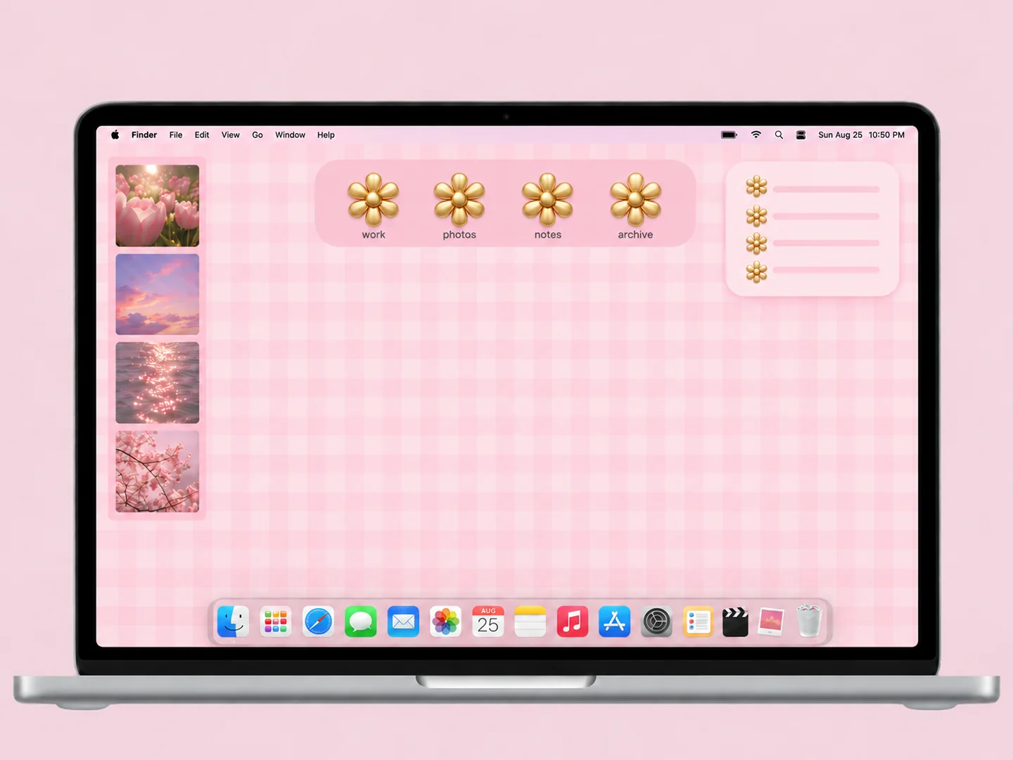 AI concept: pink gingham & gold floral icons with coordinated wallpaper and folder icons on a front-facing silver laptop.