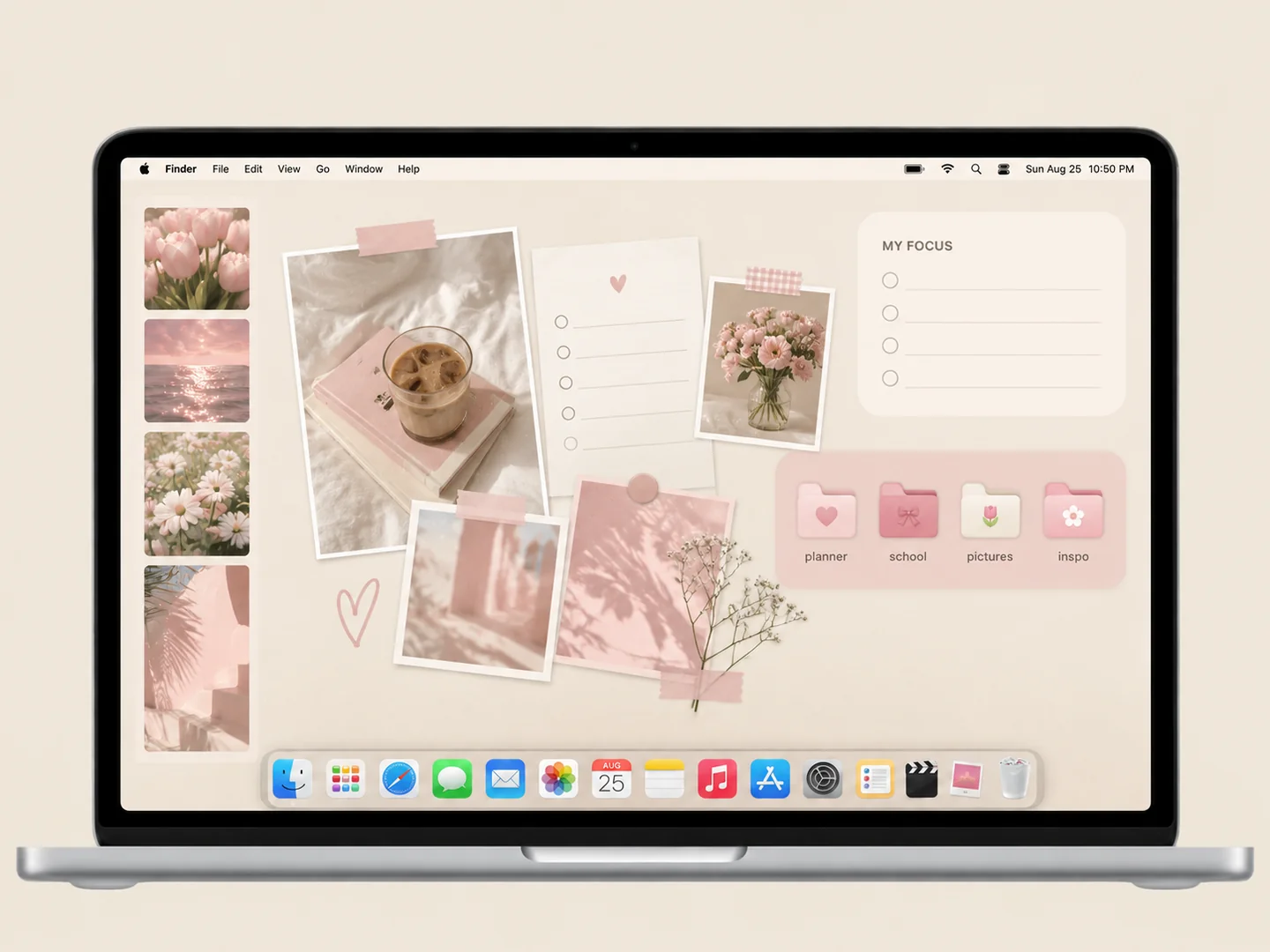 AI concept: pink planner desktop with coordinated wallpaper and folder icons on a front-facing silver laptop.