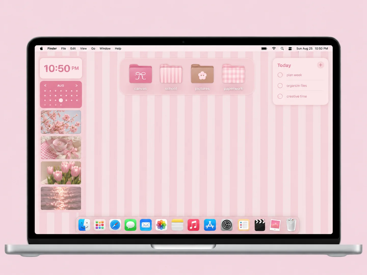AI concept: pink stripes & bow folders with coordinated wallpaper and folder icons on a front-facing silver laptop.