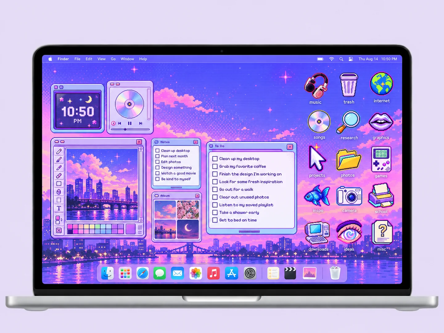 AI concept: purple pixel-art desktop with coordinated wallpaper and folder icons on a front-facing silver laptop.