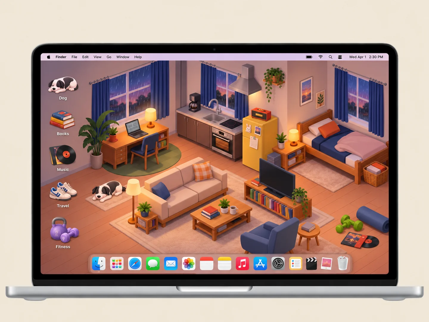 AI concept: rainy apartment desktop with coordinated wallpaper and folder icons on a front-facing silver laptop.
