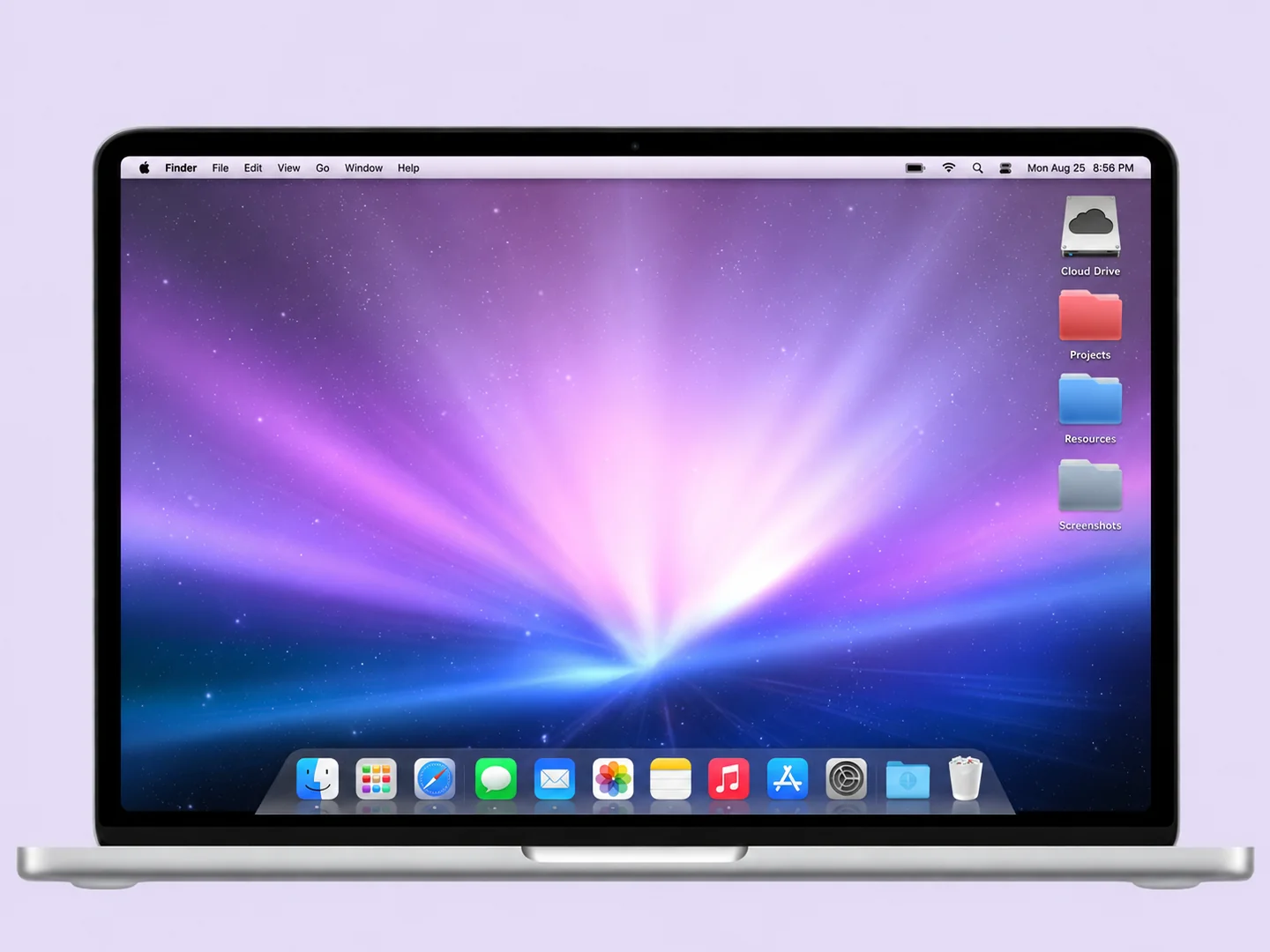 AI concept: retro aurora mac desktop with coordinated wallpaper and folder icons on a front-facing silver laptop.