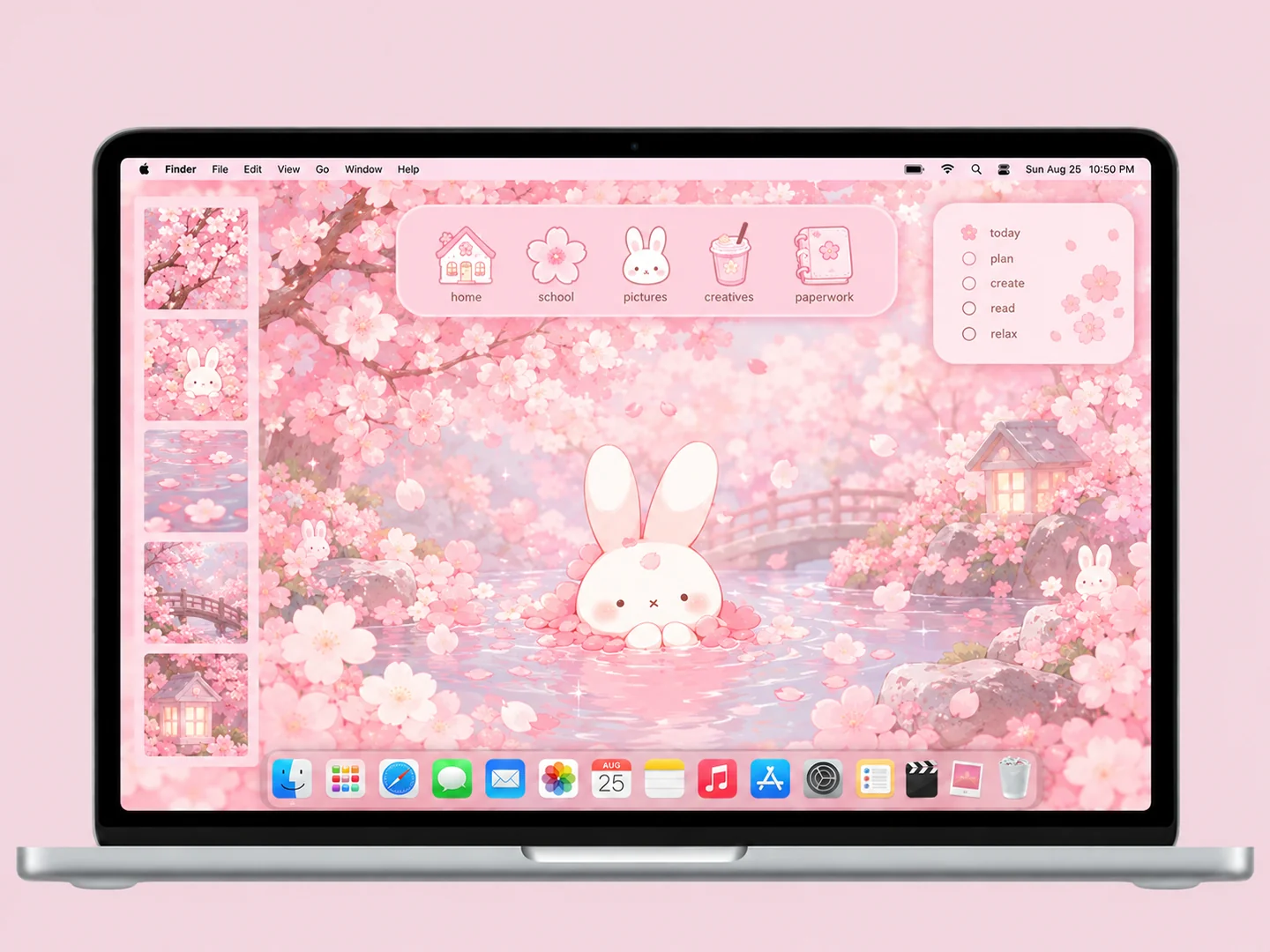 AI concept: sakura bunny desktop with coordinated wallpaper and folder icons on a front-facing silver laptop.