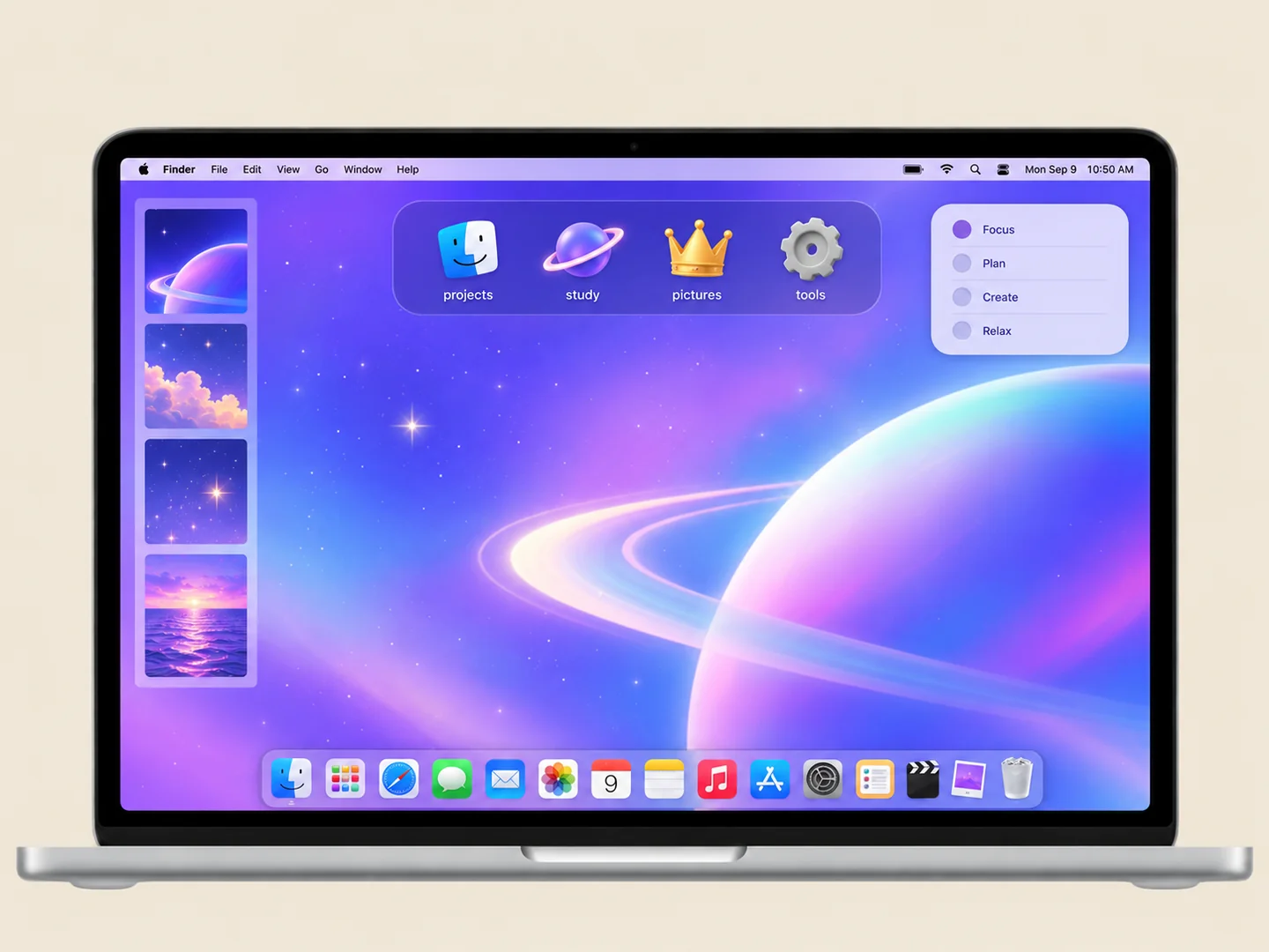 AI concept: simple wallpaper & folder refresh with coordinated wallpaper and folder icons on a front-facing silver laptop.