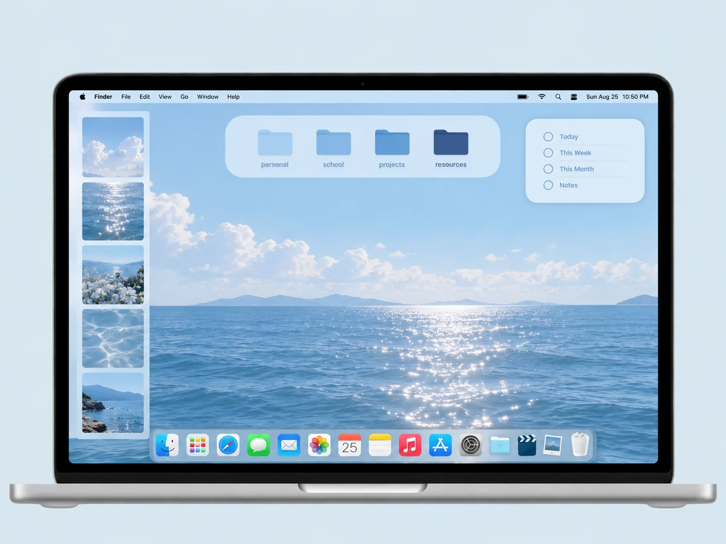 AI concept: sky & ocean blue desktop with coordinated wallpaper and folder icons on a front-facing silver laptop.