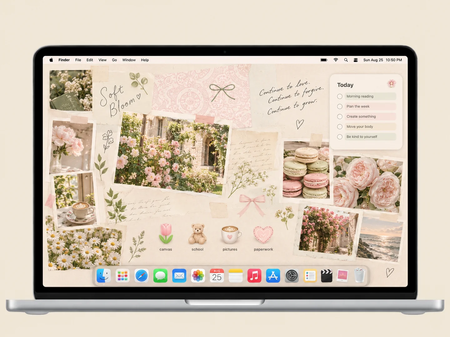 AI concept: soft floral study collage with coordinated wallpaper and folder icons on a front-facing silver laptop.