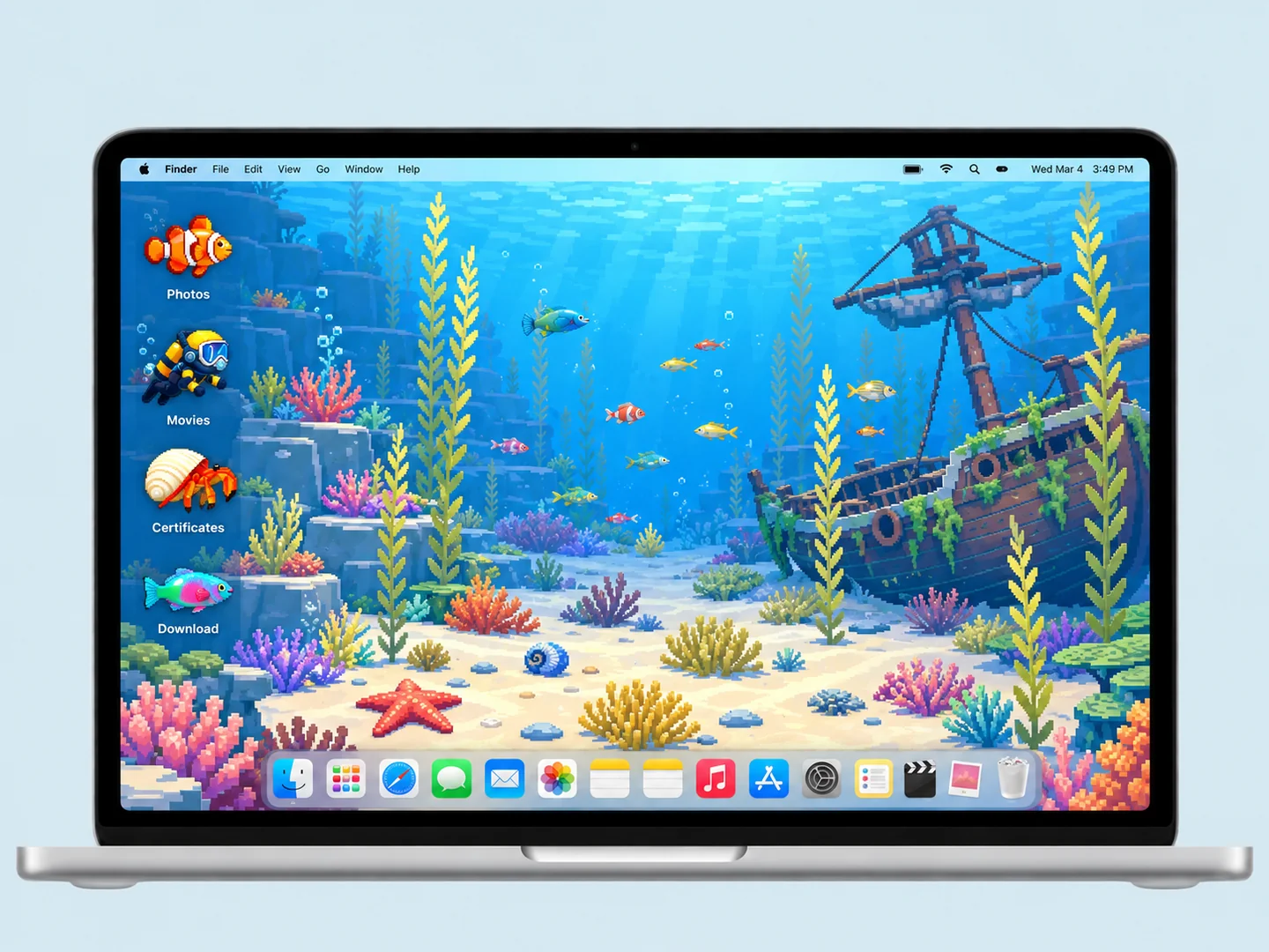 AI concept: underwater pixel desktop with coordinated wallpaper and folder icons on a front-facing silver laptop.