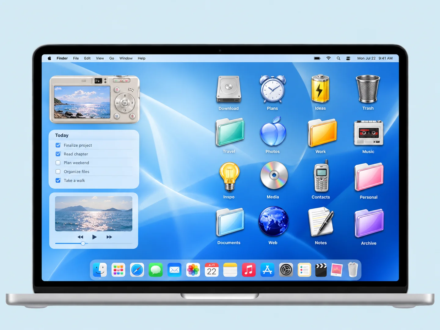 AI concept: y2k blue desktop with coordinated wallpaper and folder icons on a front-facing silver laptop.